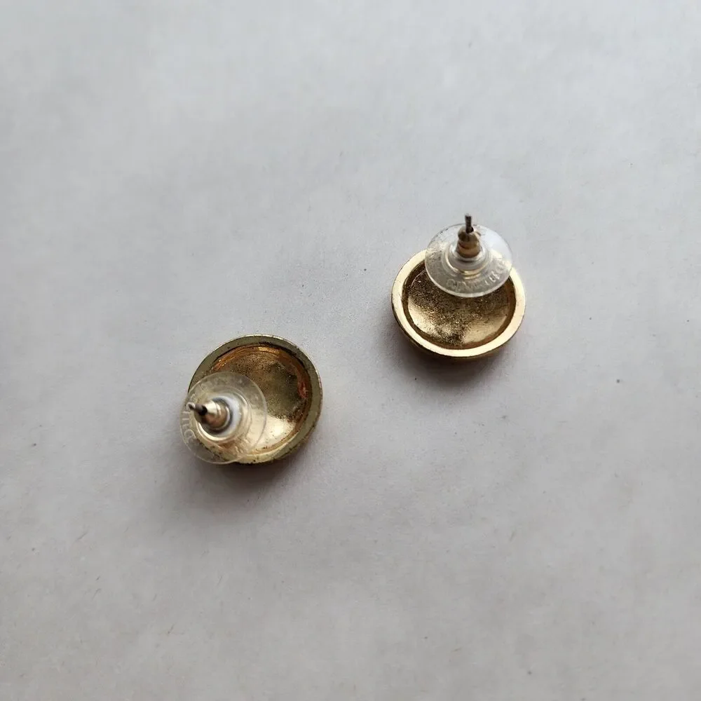 Dillards Vintage Gold Round Button Blue Inlay Post Back Earrings 925 Stamped‎